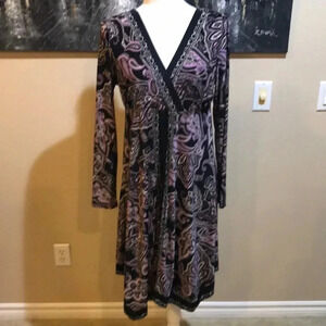 I.N.C. Black & Purple Paisley Print Stretch Shark Tail Hem V-Neck Dress Size L